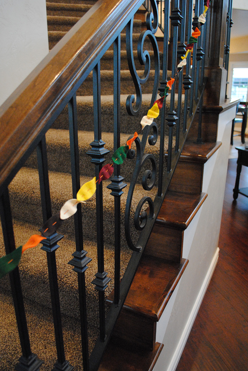 Felt Fall Garland on banister close up
