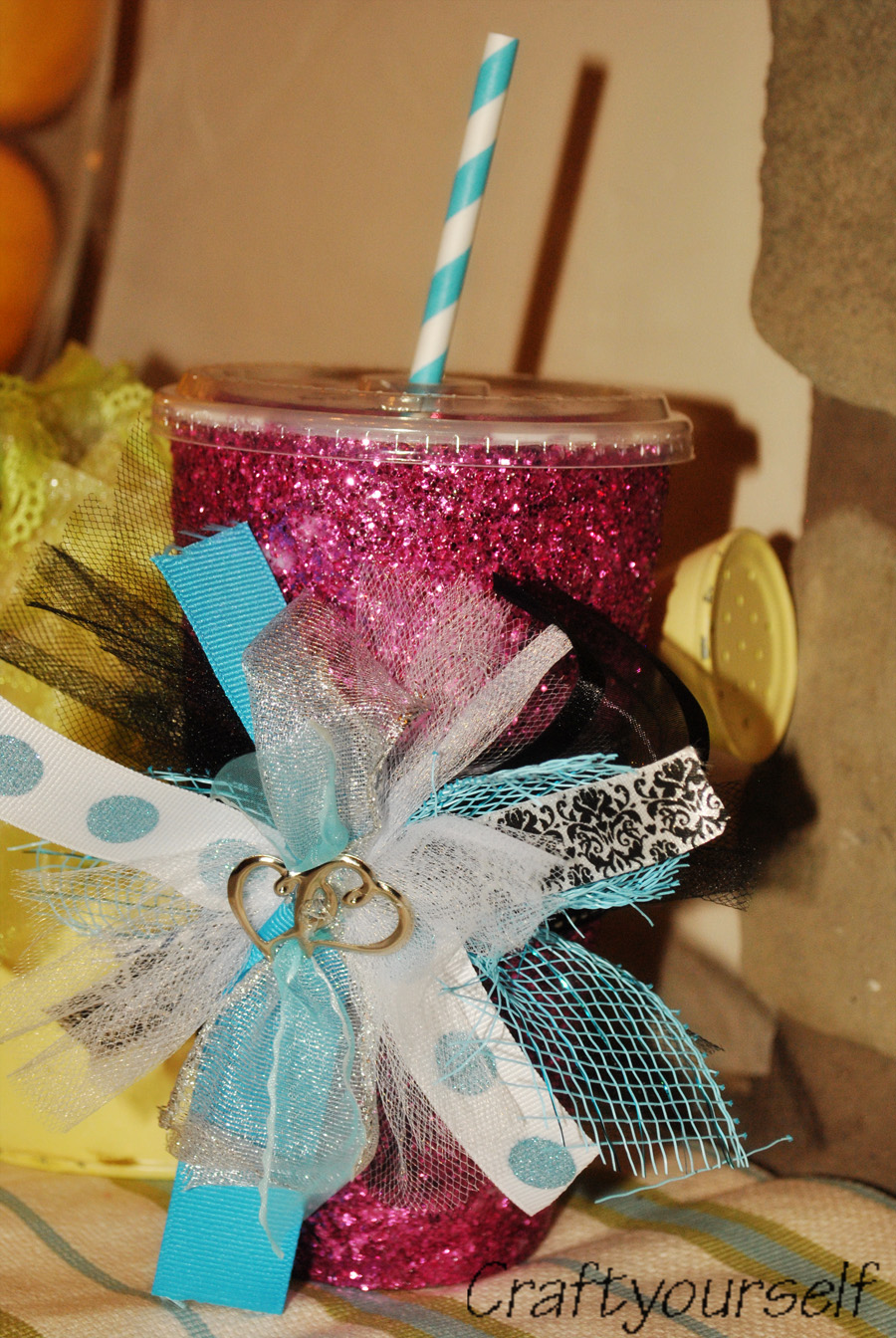 glittered cup pink turquoise black