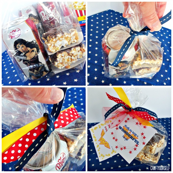 wonder woman making treat bags